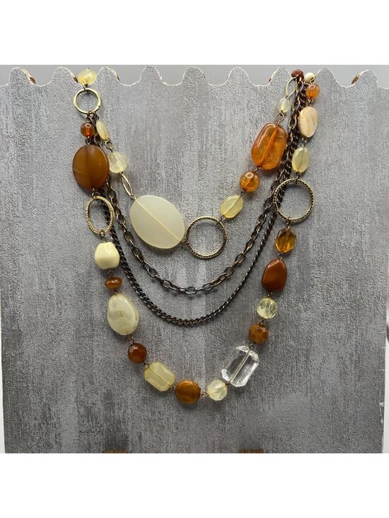 Layered Beaded & Chain Necklaces Featuring Warm Tones Of Amber Cream Bronze And - Picture 2 of 6